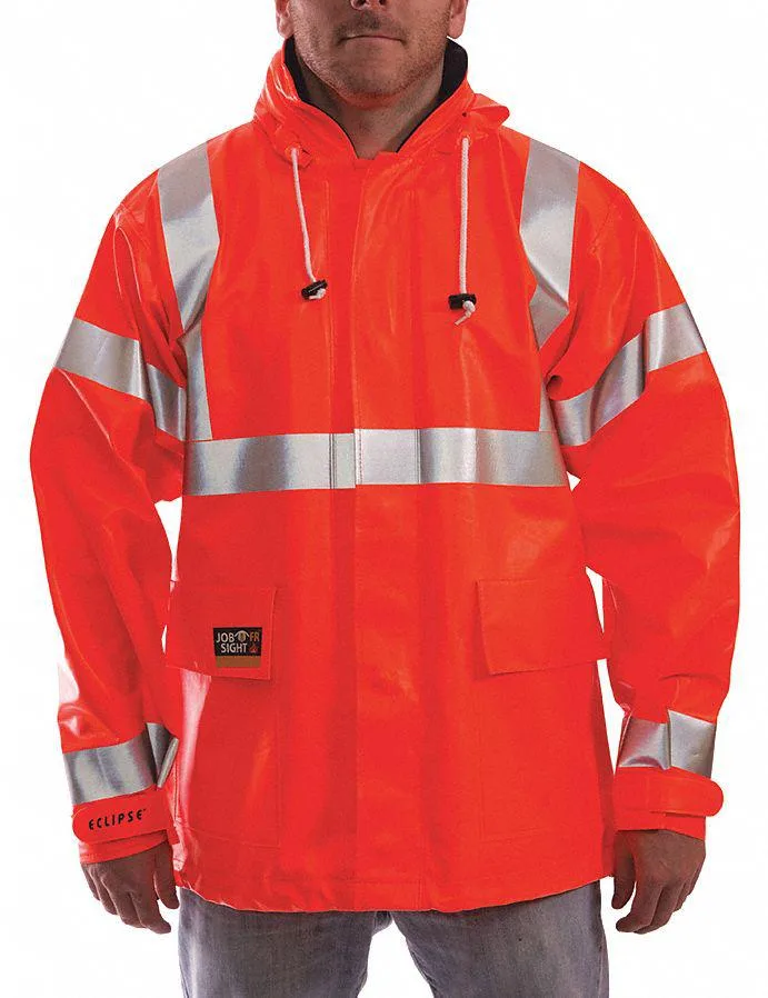 Orange arc flash rain jacket with reflective tape and zipper closure