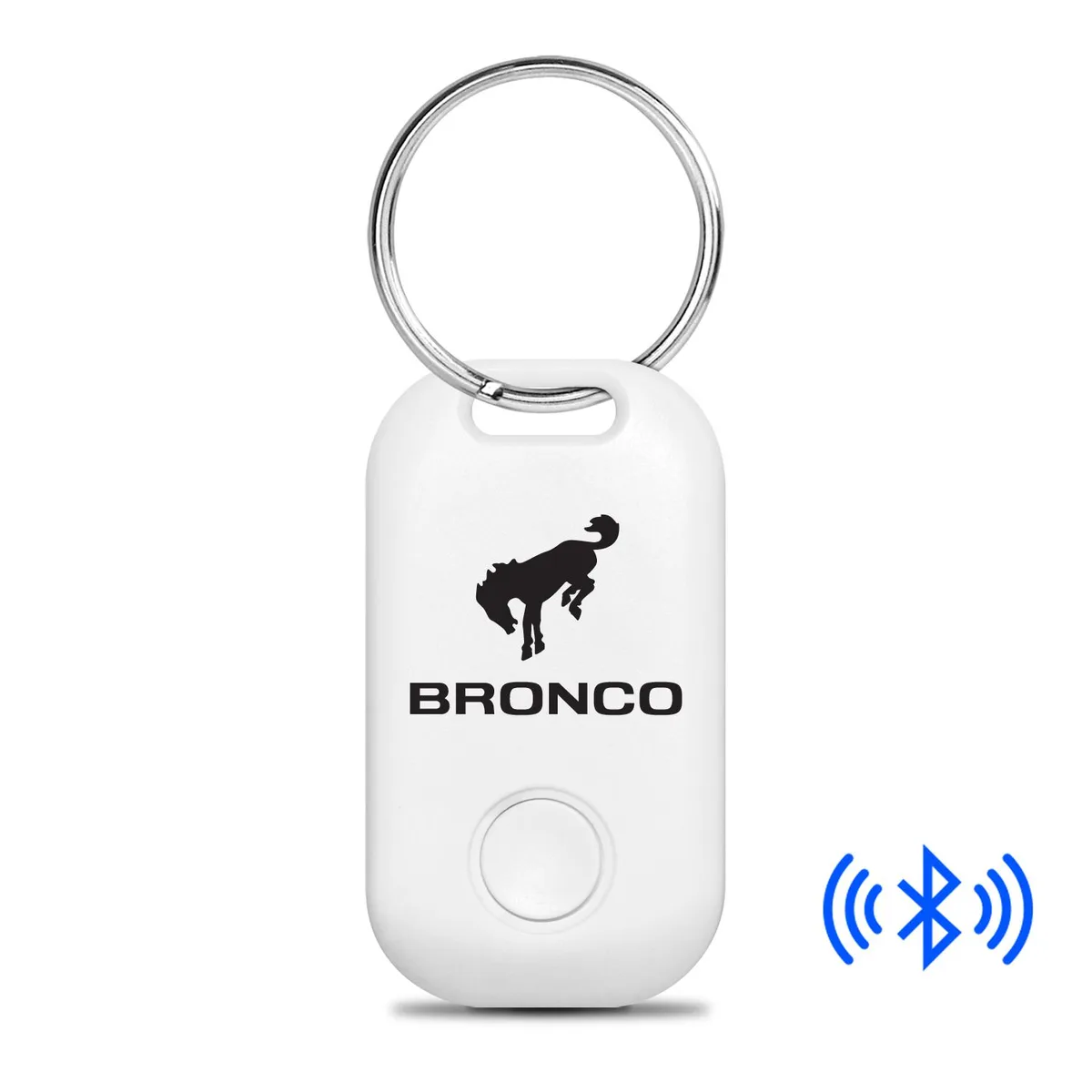 Small black rectangular Bluetooth tracker with Ford Bronco logo, key-ring hole, about one by two inches