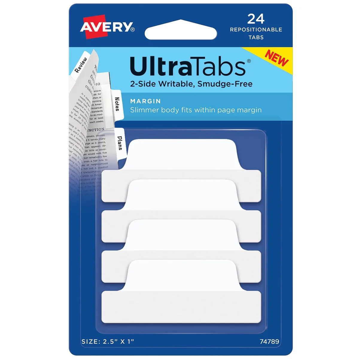 Pack of 24 white plastic repositionable page tabs 2.5 by 1 inches