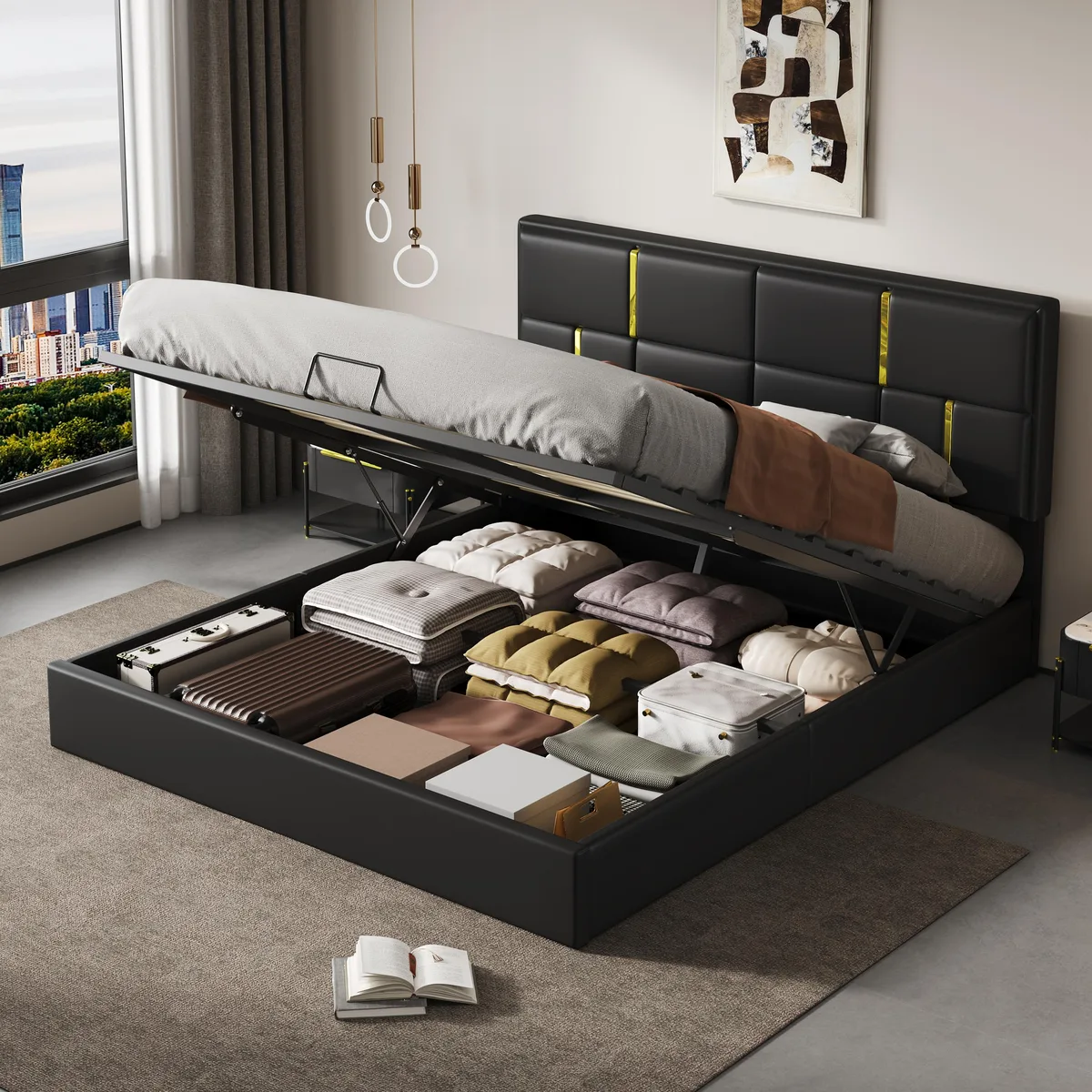 Black upholstered queen platform bed with hydraulic storage lift