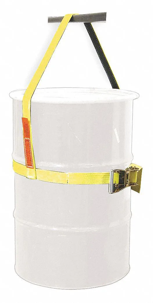 Yellow polyester drum sling, vertical lift, 35 to 36 inch drum, 53 inch length, 850 lb capacity