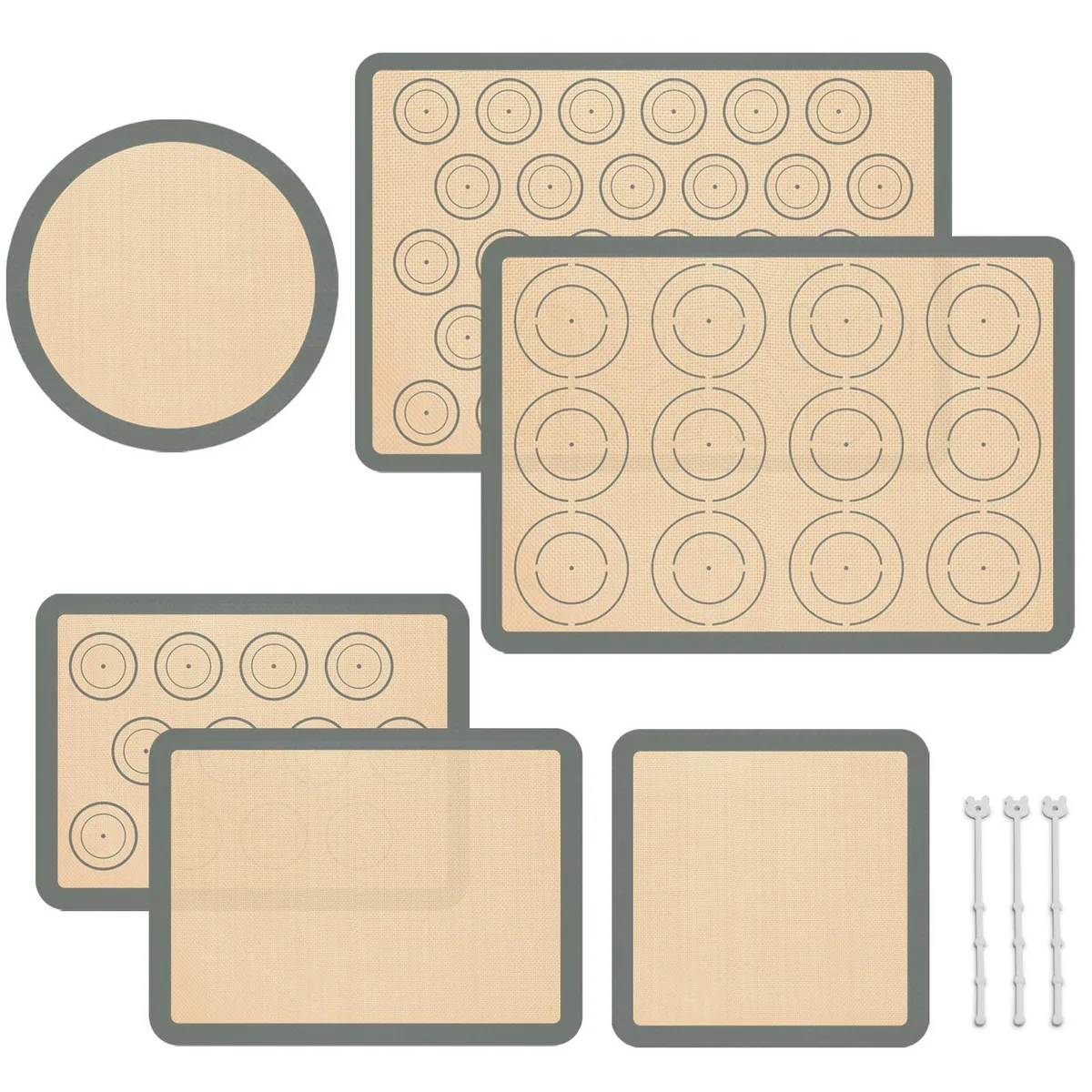 Six grey silicone baking mats in assorted rectangular round and square sizes with storage clips