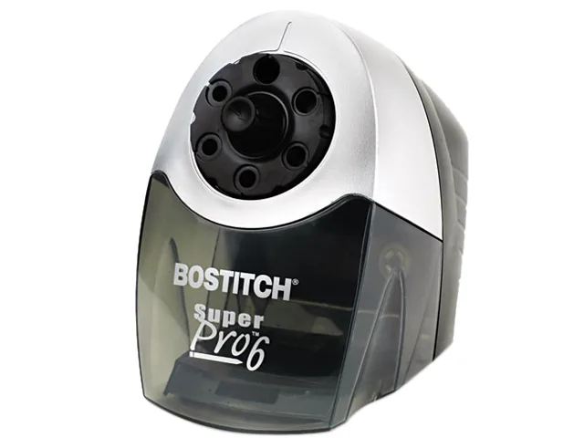 Grey desktop electric pencil sharpener with six-hole selector dial and shavings bin