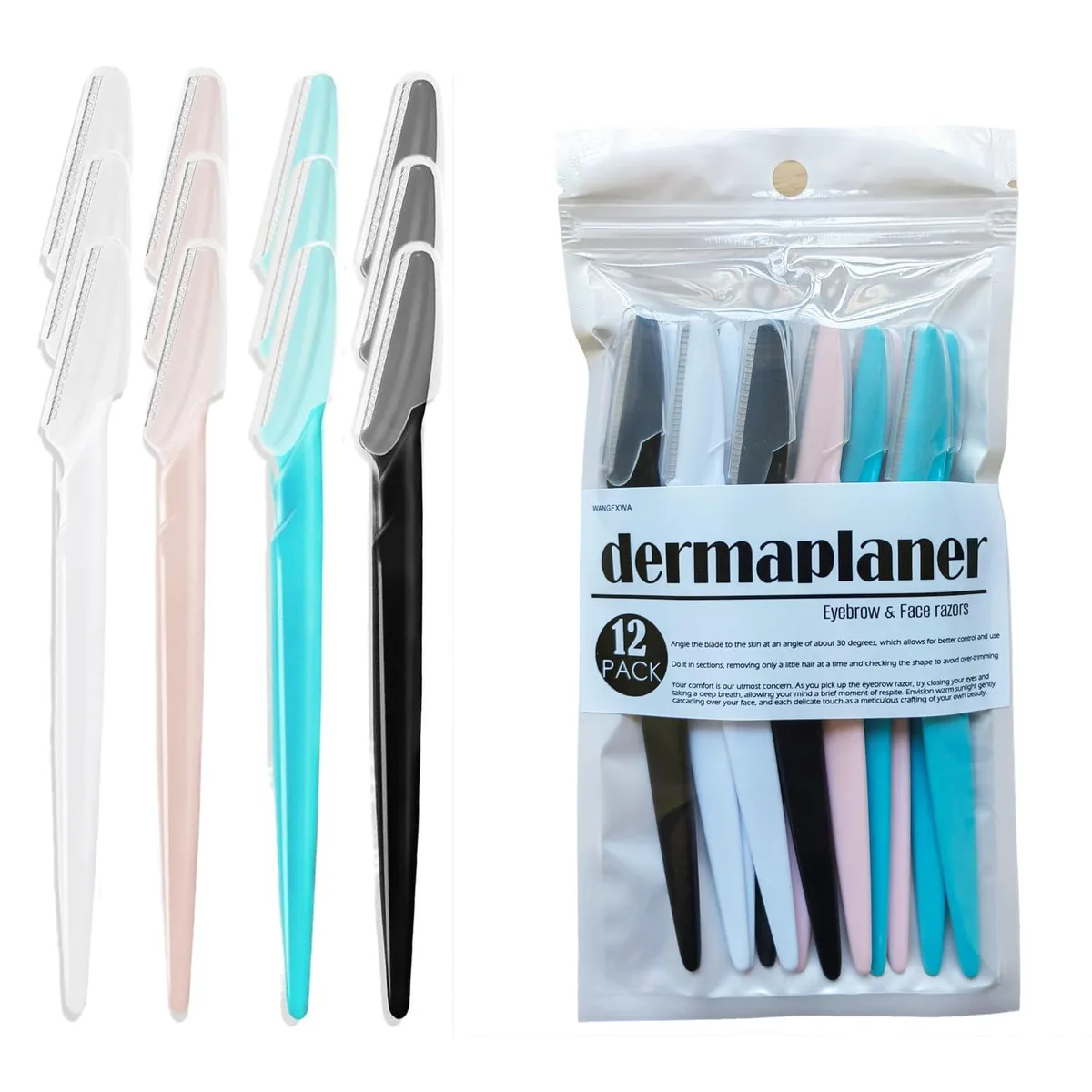Twelve dermaplane razors in black white pink blue with protective caps