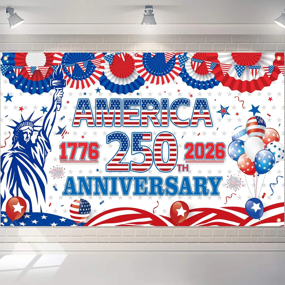 Rectangular polyester banner 72.8 by 43.3 inches with red white blue stars balloons bunting Statue of Liberty
