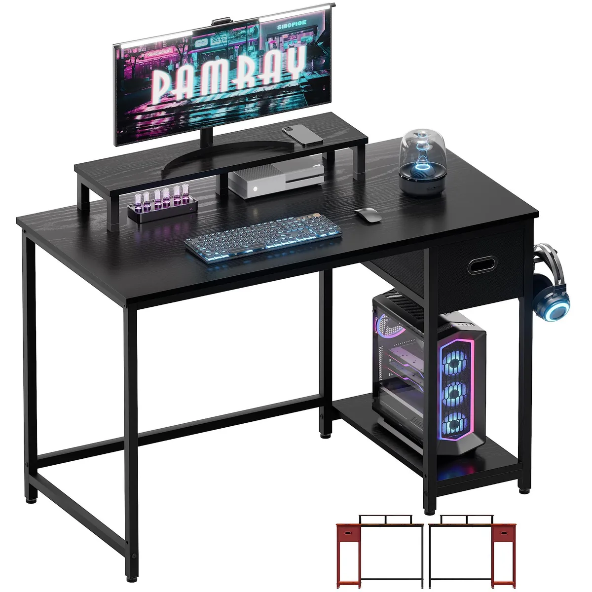 Black rectangular desk with monitor shelf, metal legs, fabric drawer and side hooks