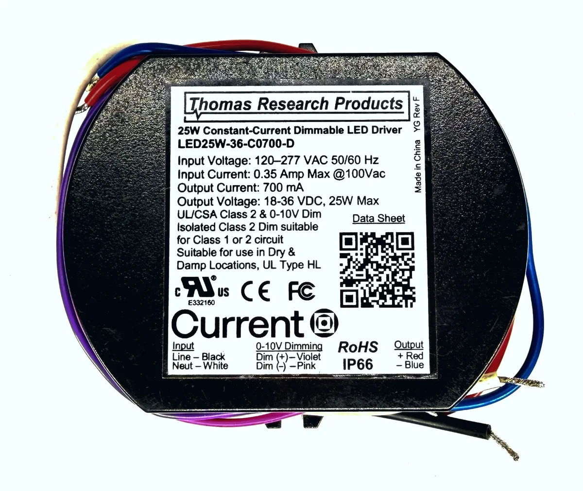 Rectangular black plastic LED driver, 25W constant current