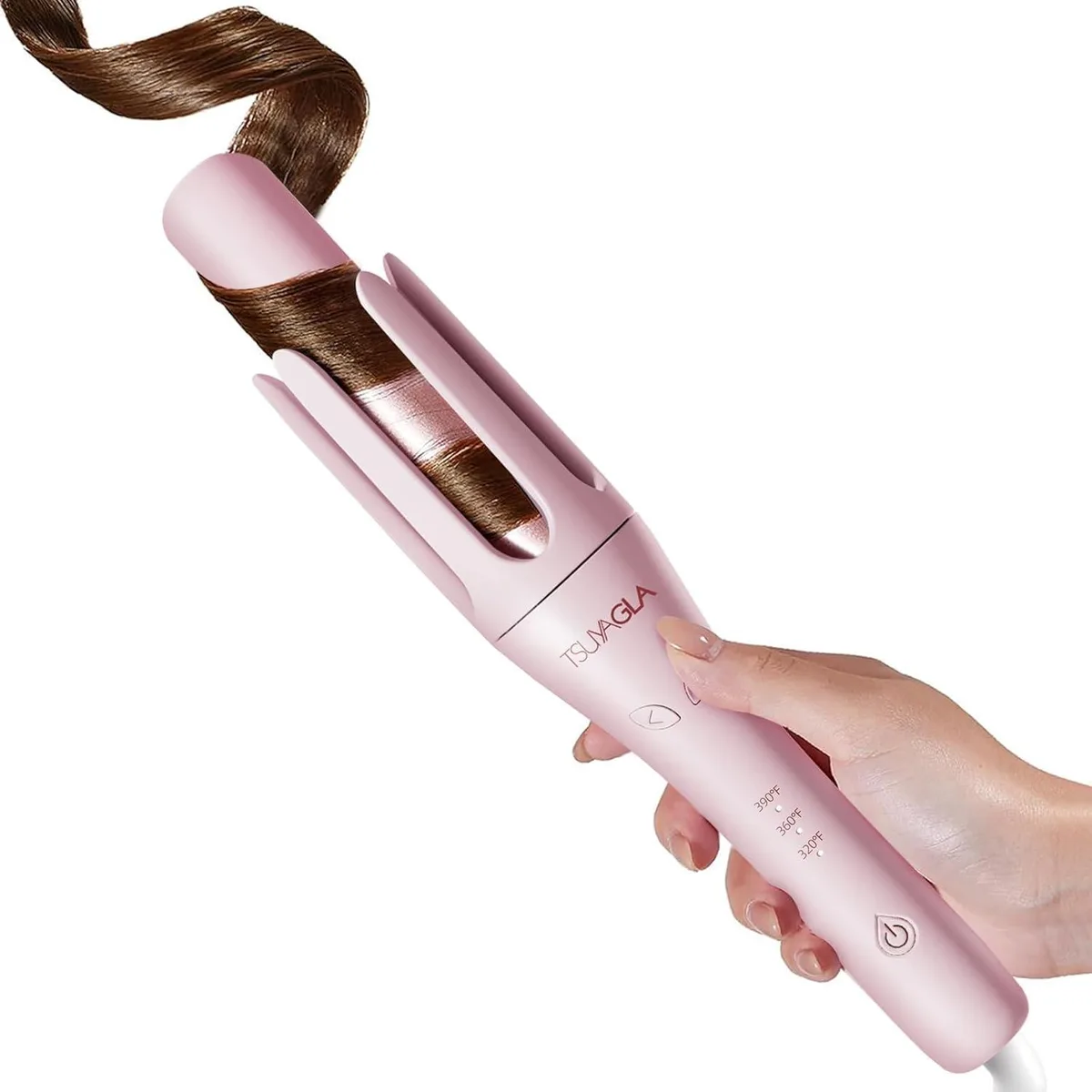 Pink automatic curling iron with 1.25 inch barrel and cool-touch housing