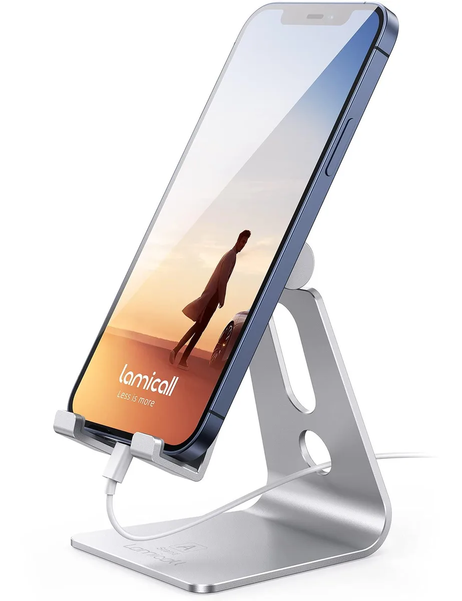 Silver aluminium phone stand with adjustable hook and rubber cushions
