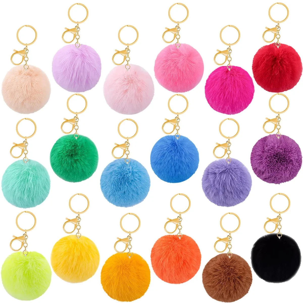  18 Fluffy Pom Pom Keychains Rabbit Faux Fur Balls Gold Hooks — product photo