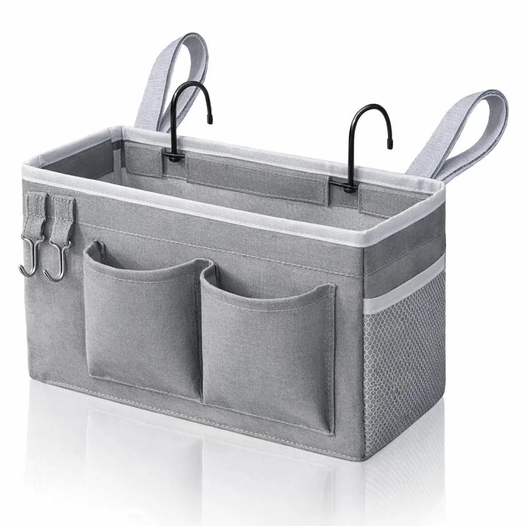 Grey fabric hanging organiser with multiple pockets and adjustable straps, twelve pieces
