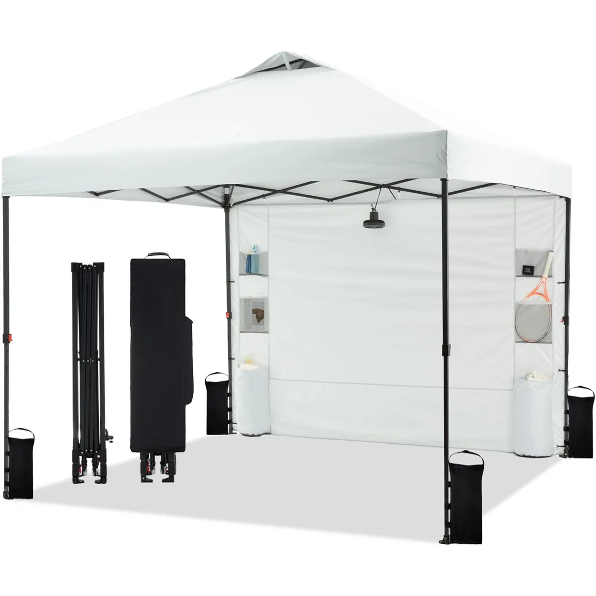 White pop-up canopy frame folded in wheeled storage bag