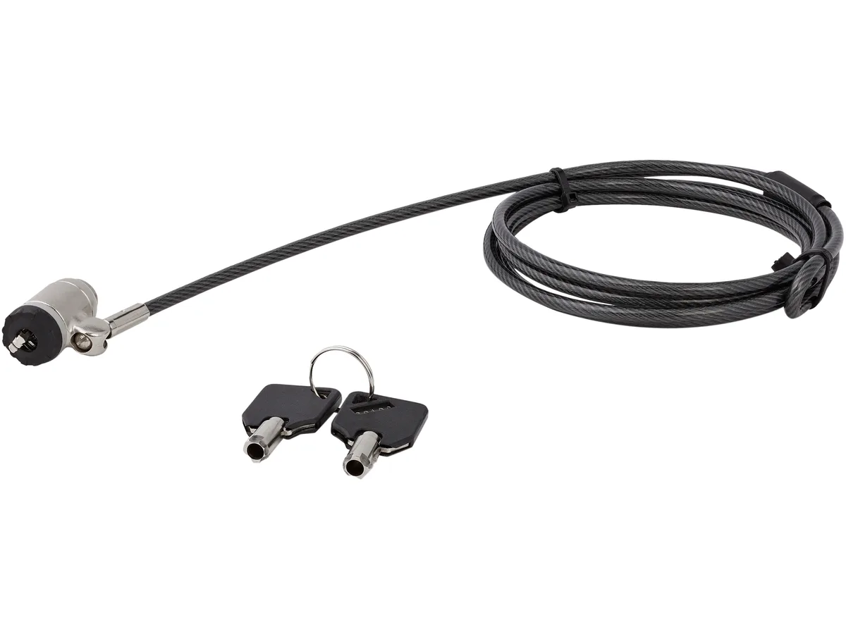 Silver and black keyed cable lock with zinc-alloy head, 6.5ft steel cable and 360-degree swivel joint