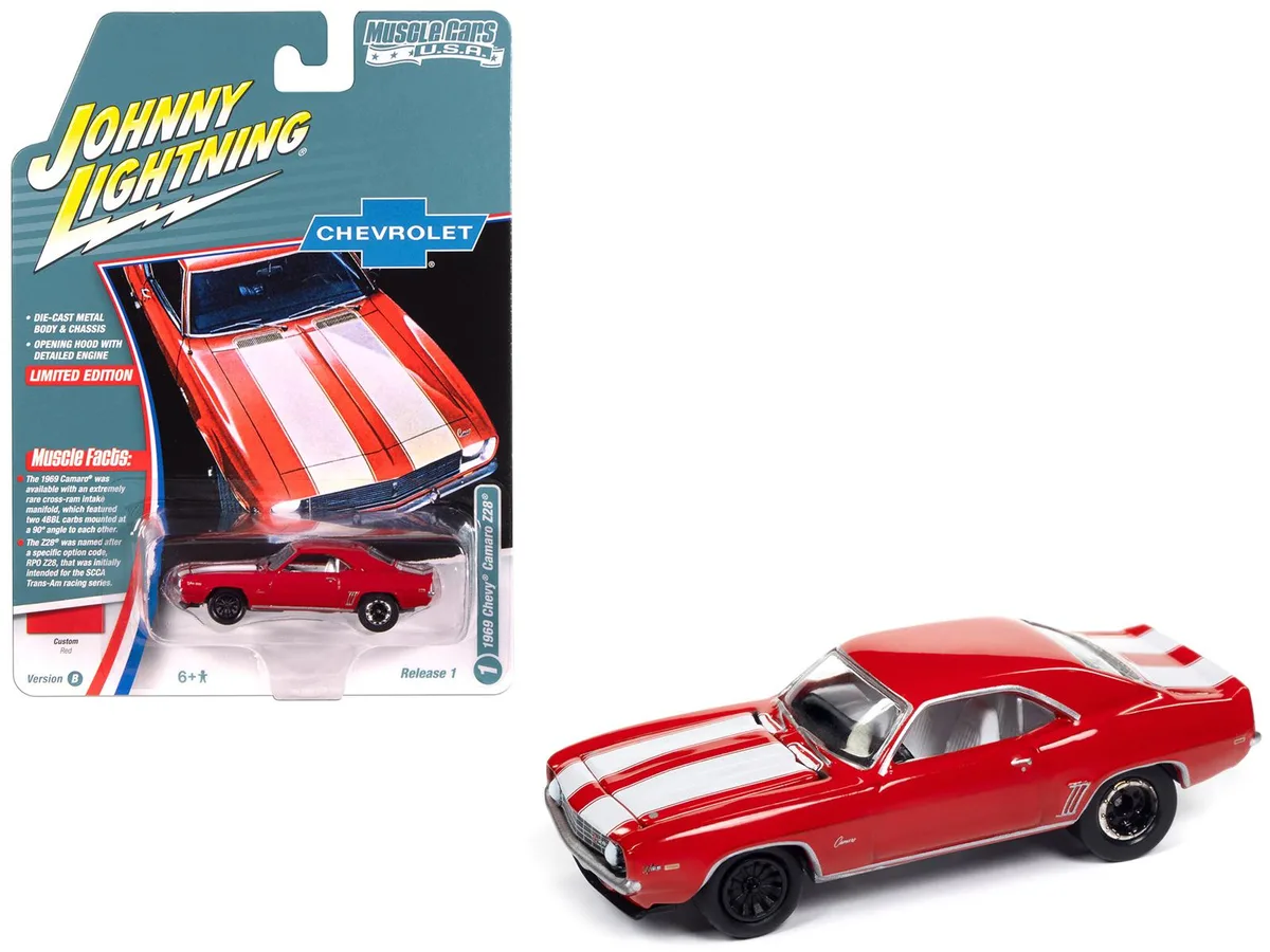 JOHNNY LIGHTNING JOHNNY LIGHTNING 1969 Chevrolet Camaro Z28 1/64 Red White Stripes hobby collectible — product photo