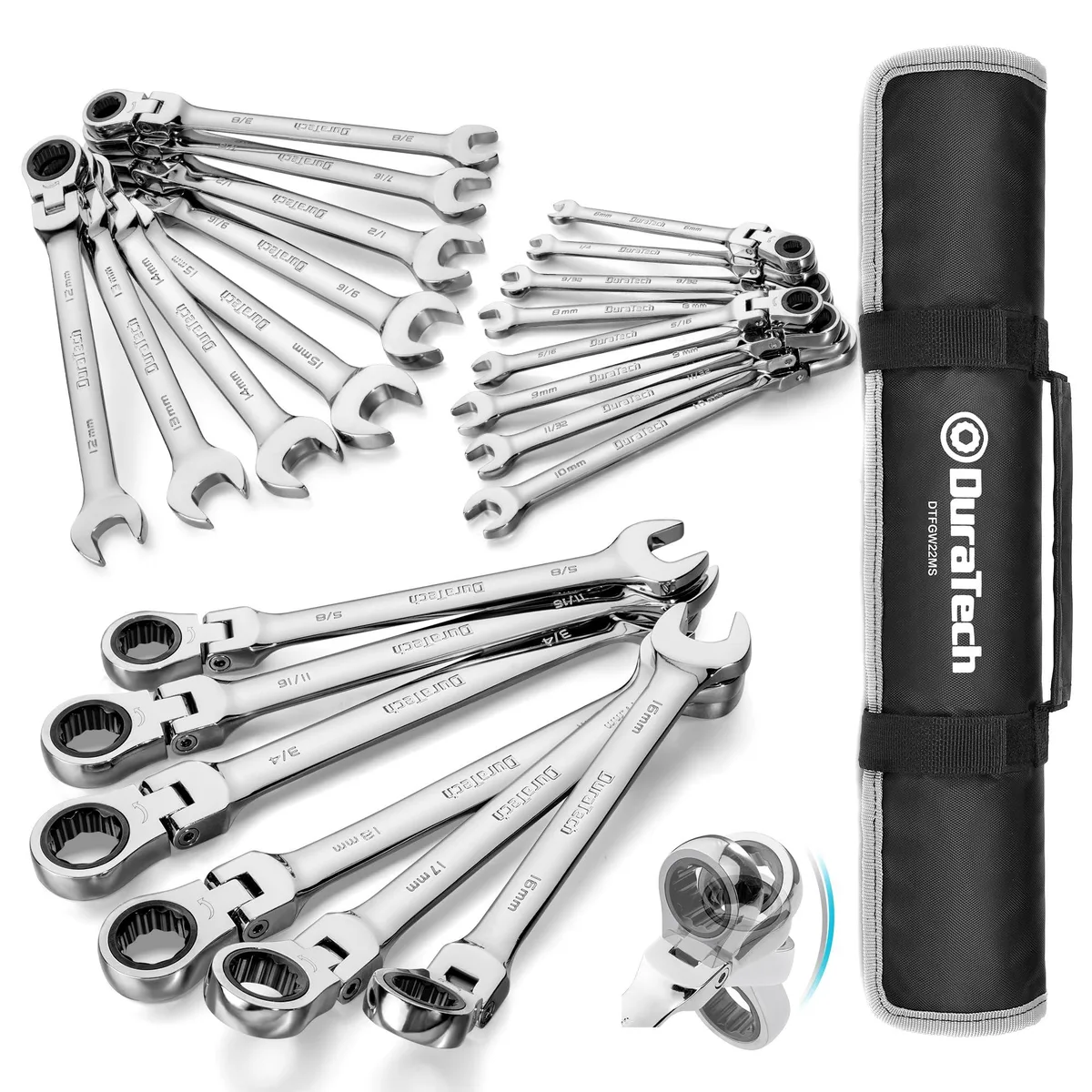 Twenty-two chrome vanadium flex-head ratcheting wrenches in black roll-up pouch