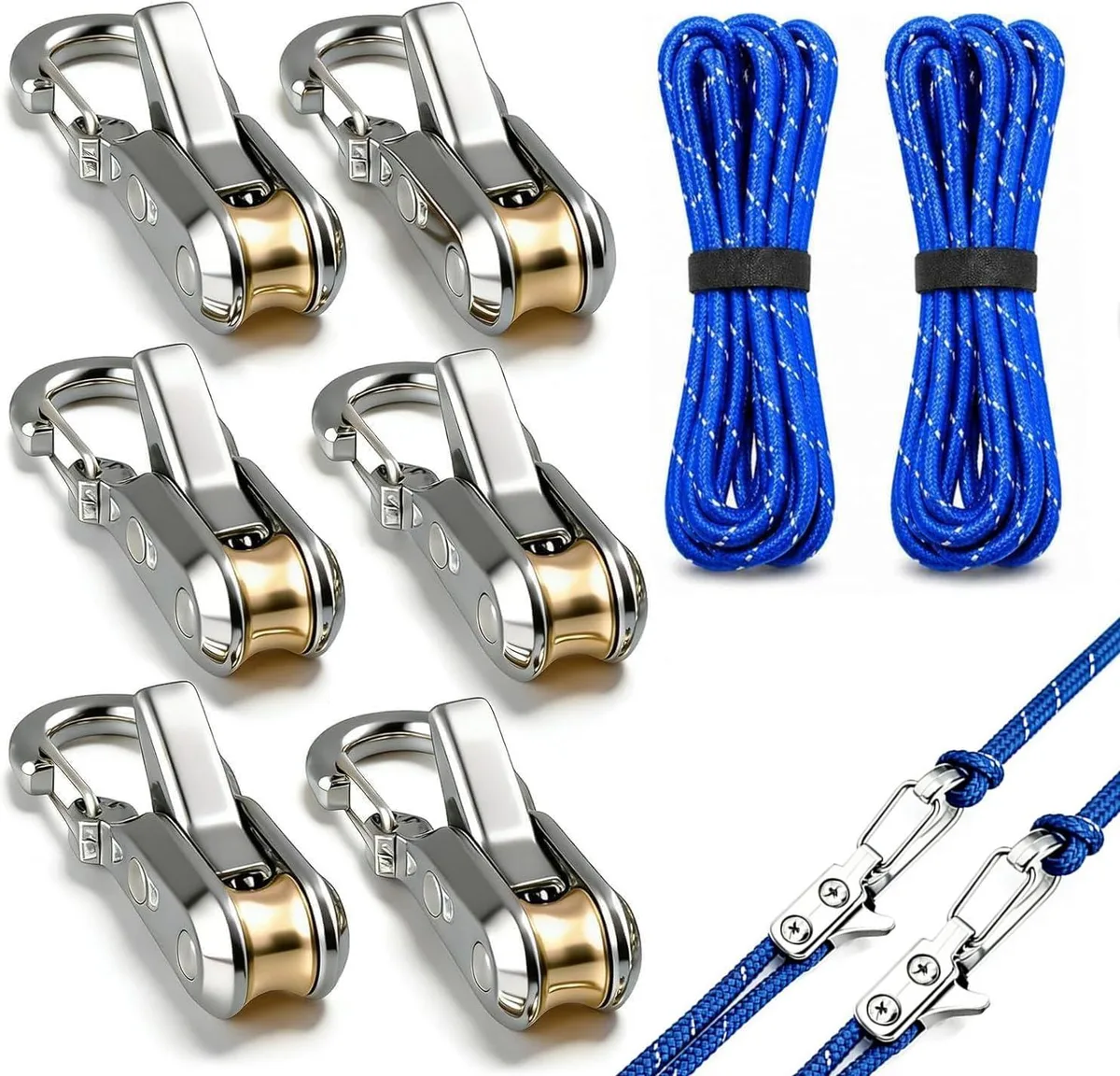 Six silver paracord adjusters with roller tensioners