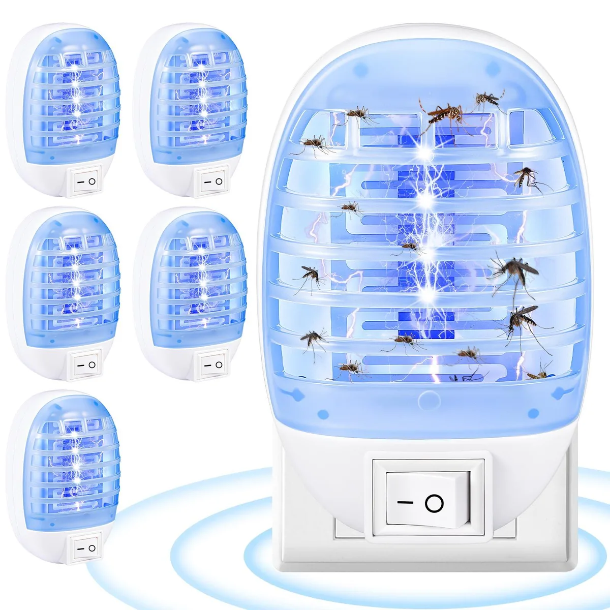 Six white rectangular plug-in units with clear crystal shells and blue UV glow