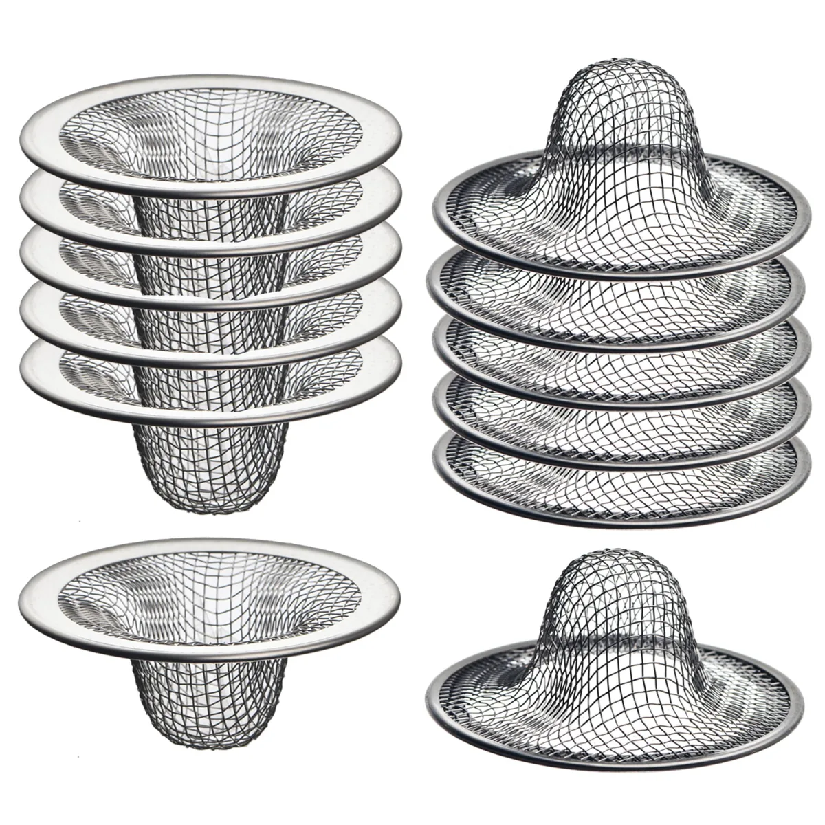 Twelve silver mesh sink drain strainers with raised rims, basket style, shown in a group