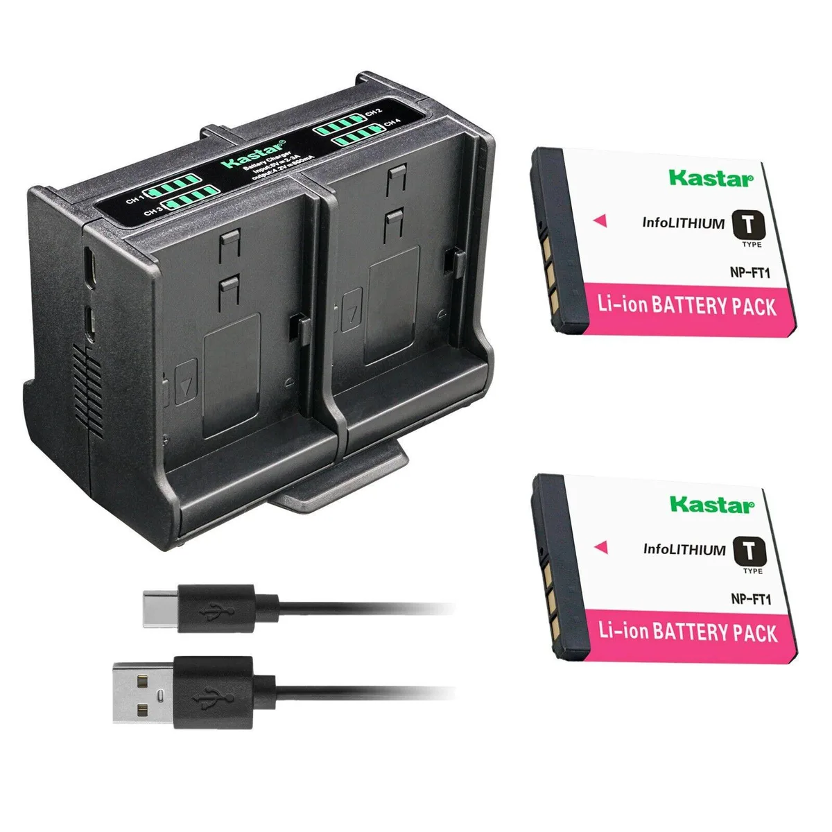 Kastar Kastar NP-FT1 2-pack battery and quadruple charger 4.81 Wh — product photo