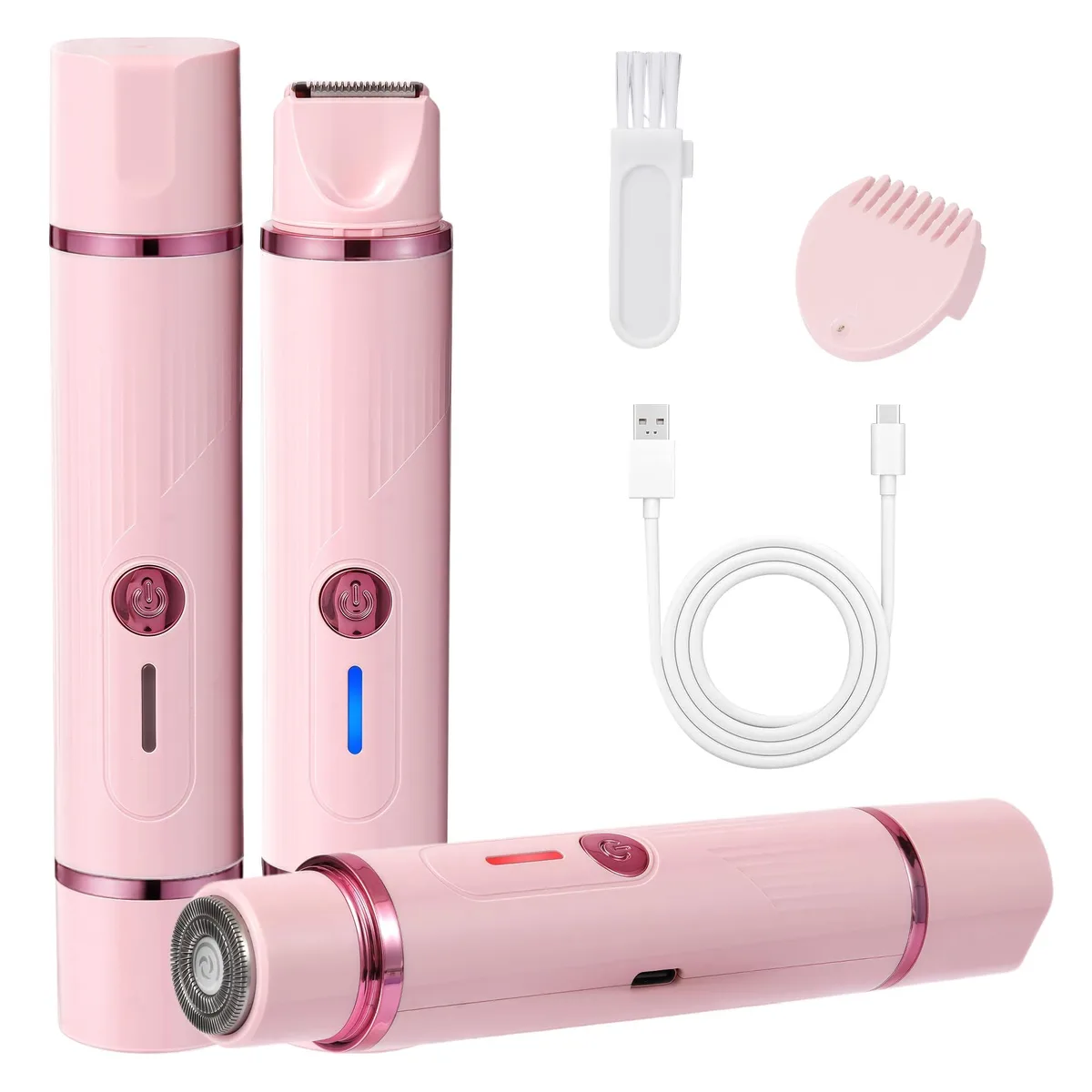 Pink single-head electric shaver with detachable blade, USB-C port, compact oval shape