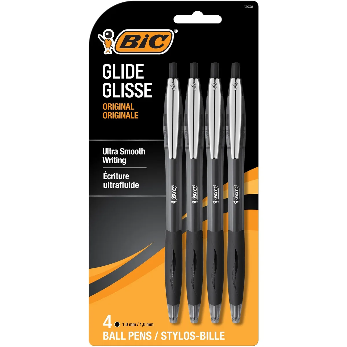 Four black retractable ballpoint pens with rubber grips and plastic clips