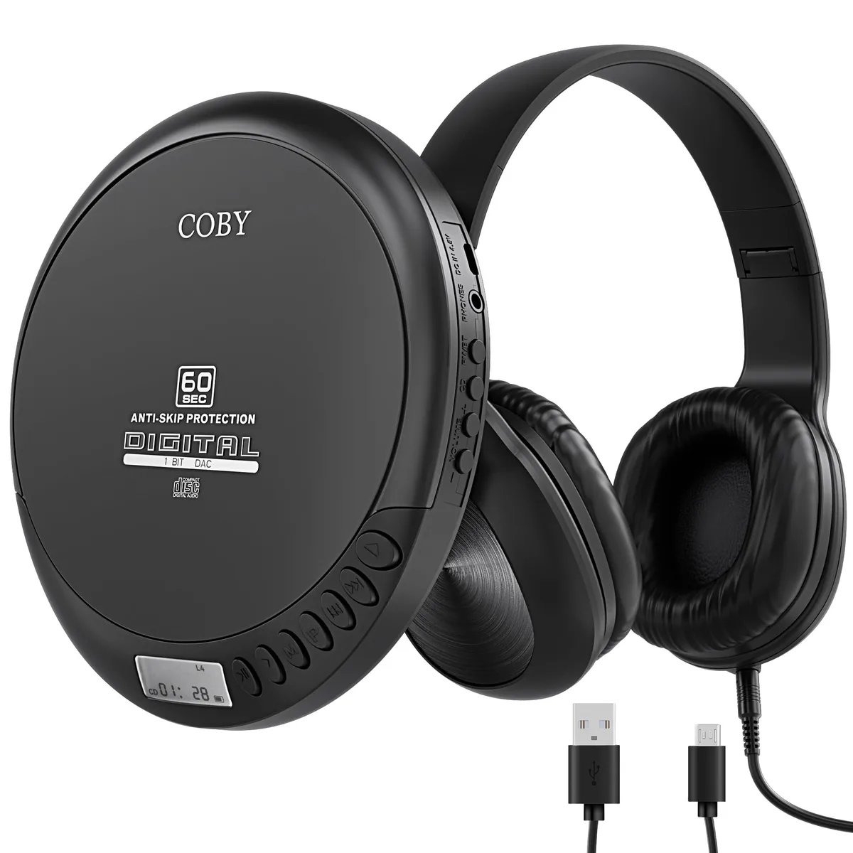  Coby CD201 Portable CD Player FM Radio MP3 Black 60s Skip Protection 12h Playtime — product photo