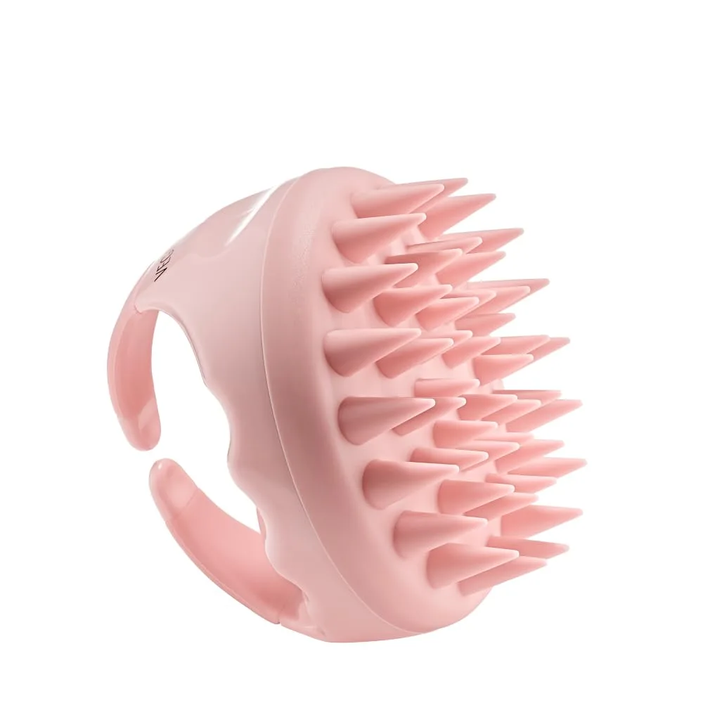 Hand-held plastic scalp massager with flexible prongs, lightweight and palm-sized