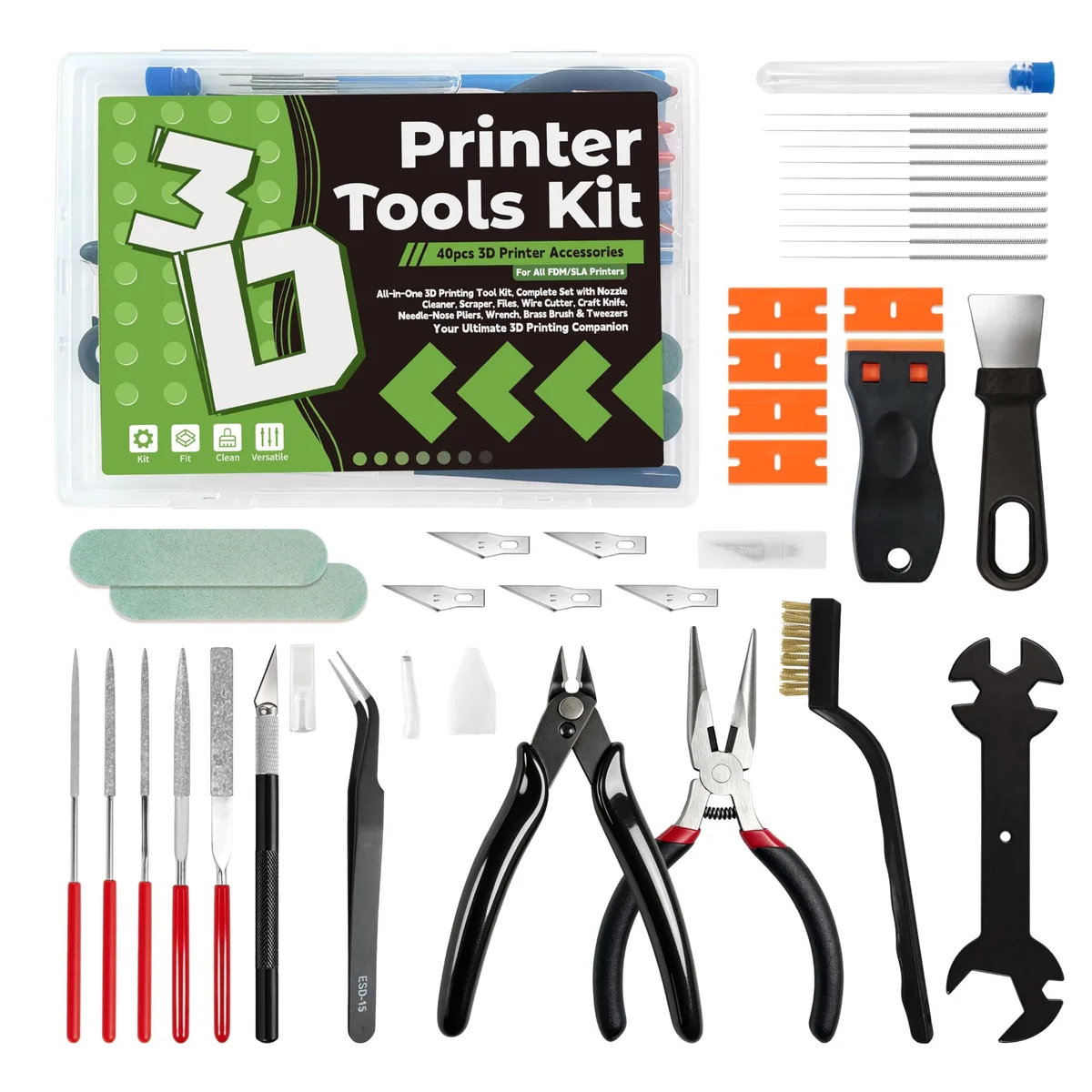 40-piece 3D printer tool kit in storage case with scrapers files and cleaning needles