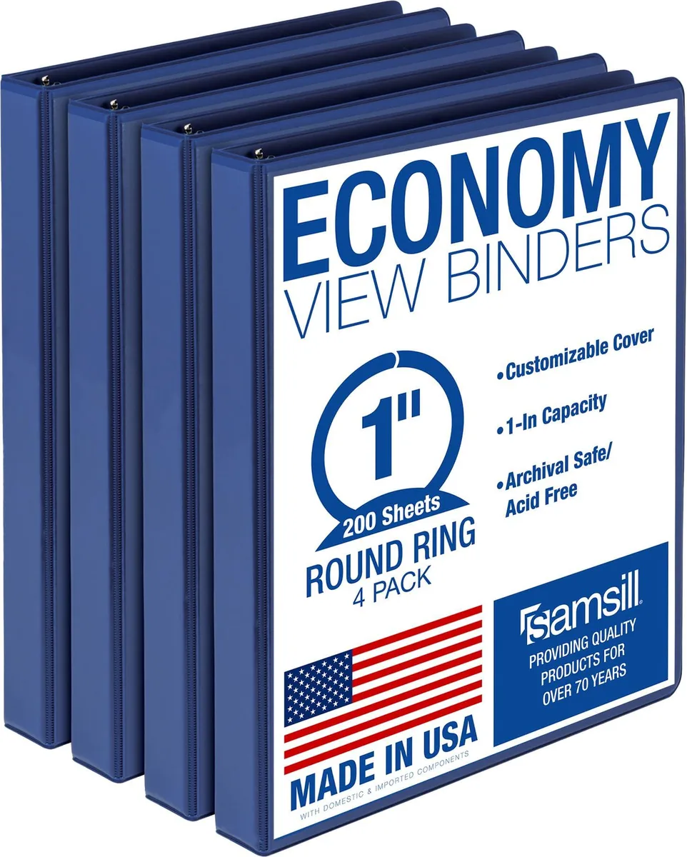 Four blue 1-inch round-ring binders with clear view covers