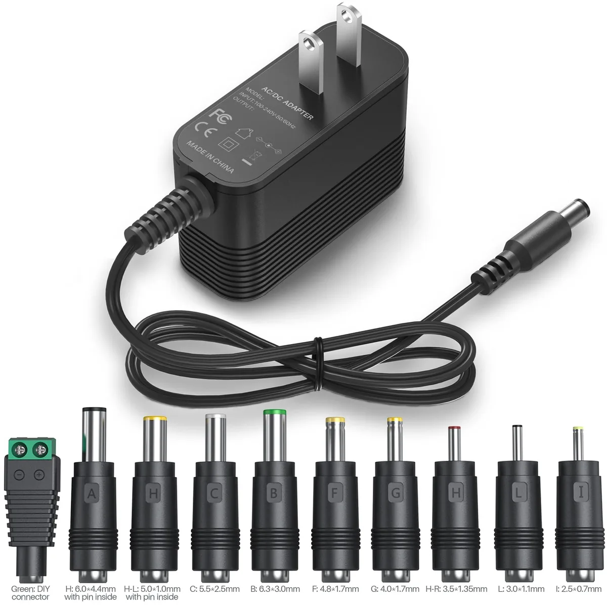 XYY12001000 12V 1A power adapter 10 interchangeable jacks — product photo