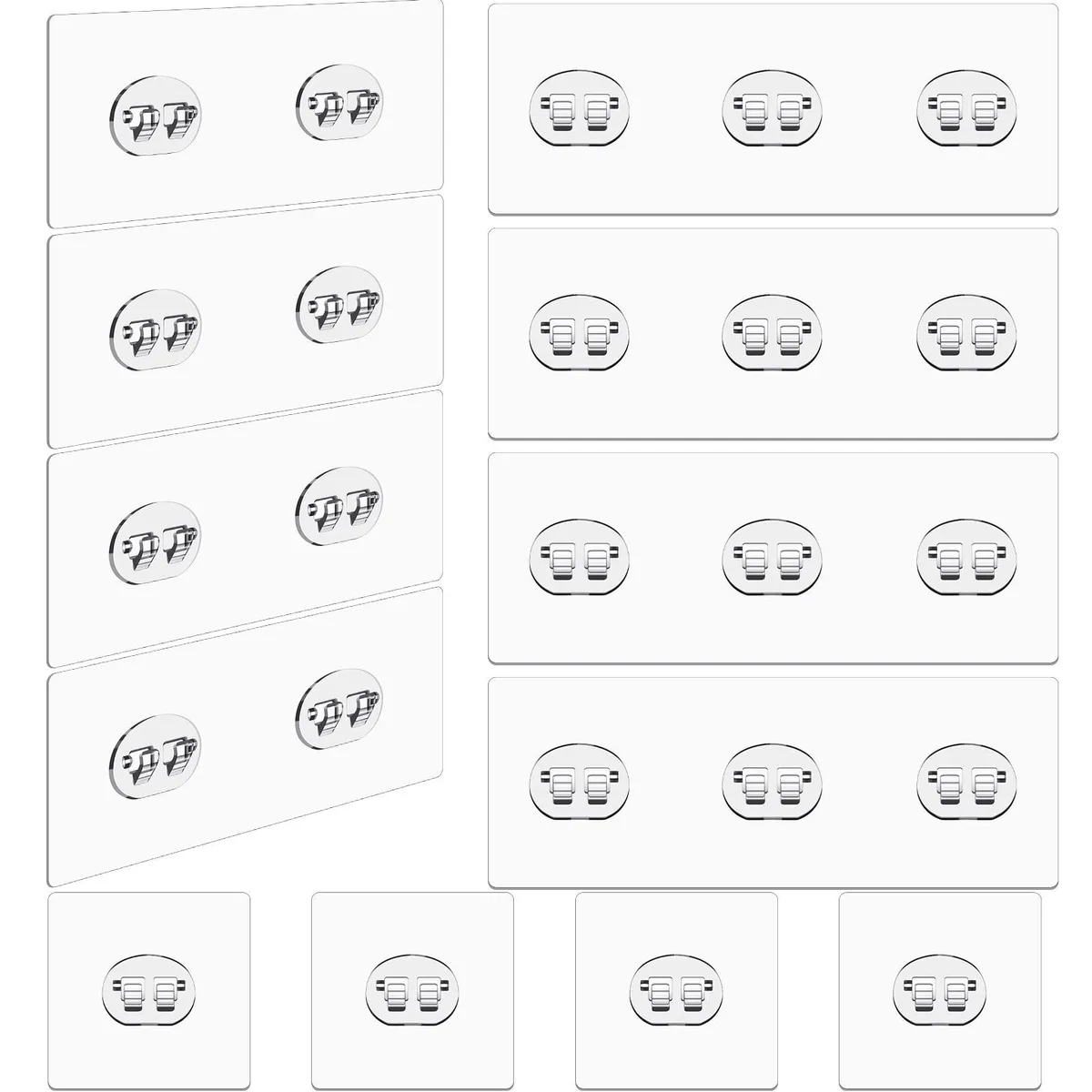 Twelve clear PC adhesive hooks: four single, four double, four triple, transparent smooth finish