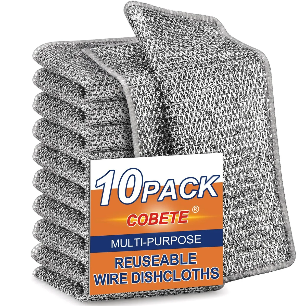 Pack of ten white wire dishcloths, 7.87 inch square, double-layer diamond mesh with sealed edges