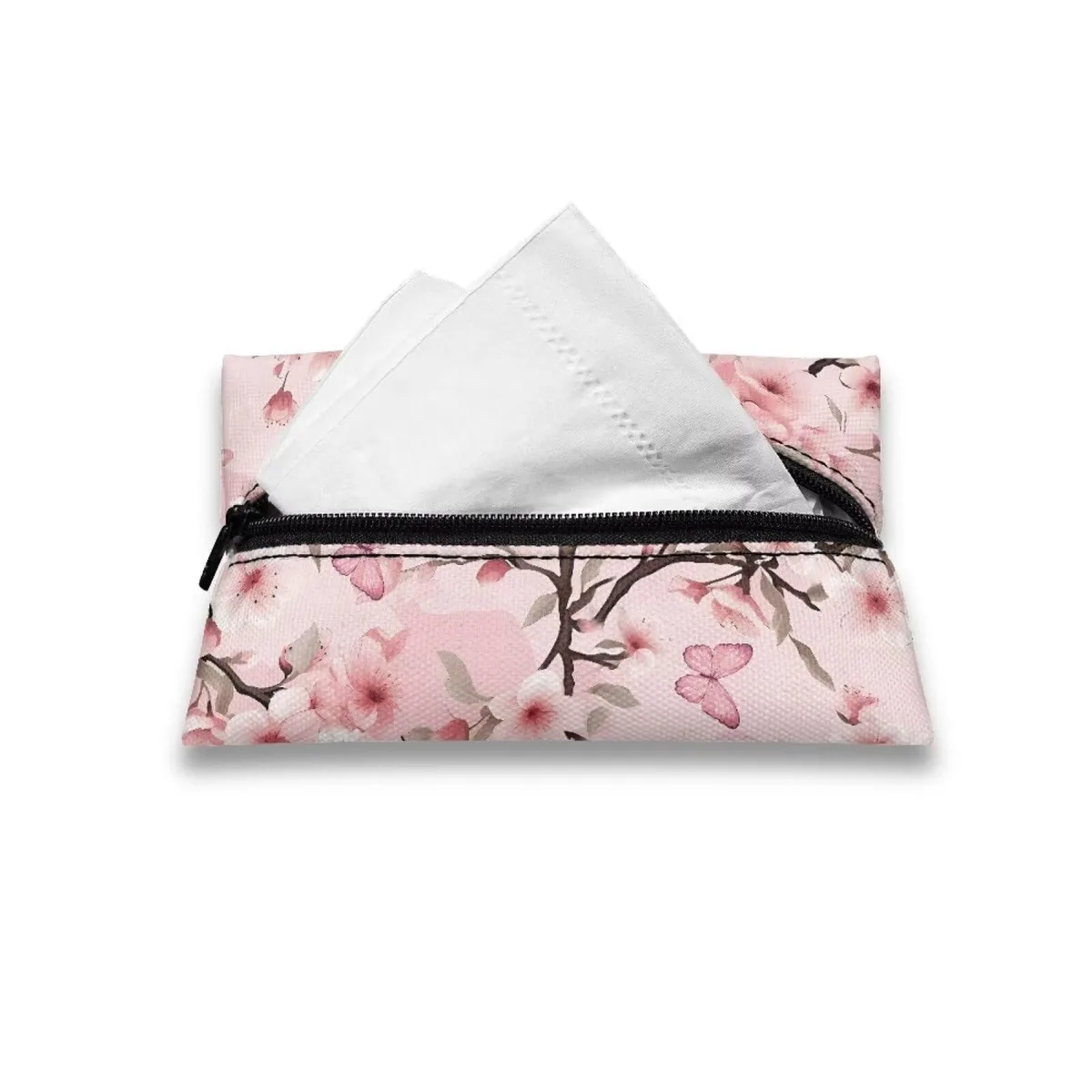 Cherry Blossom canvas tissue pouch 5.2 by 3.1 inches with floral print