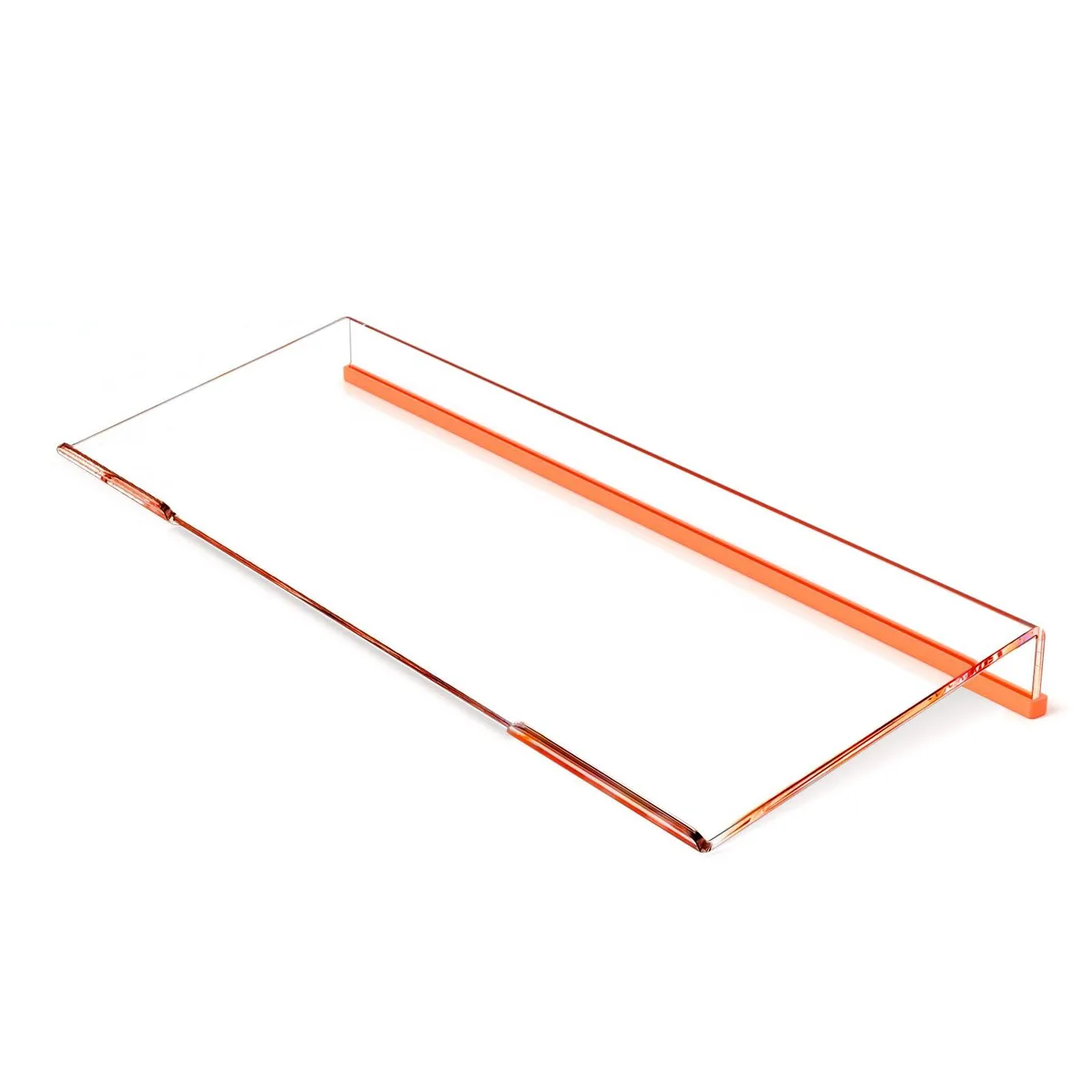 Clear acrylic keyboard stand with orange silicone strip, tilted riser form, low front stoppers