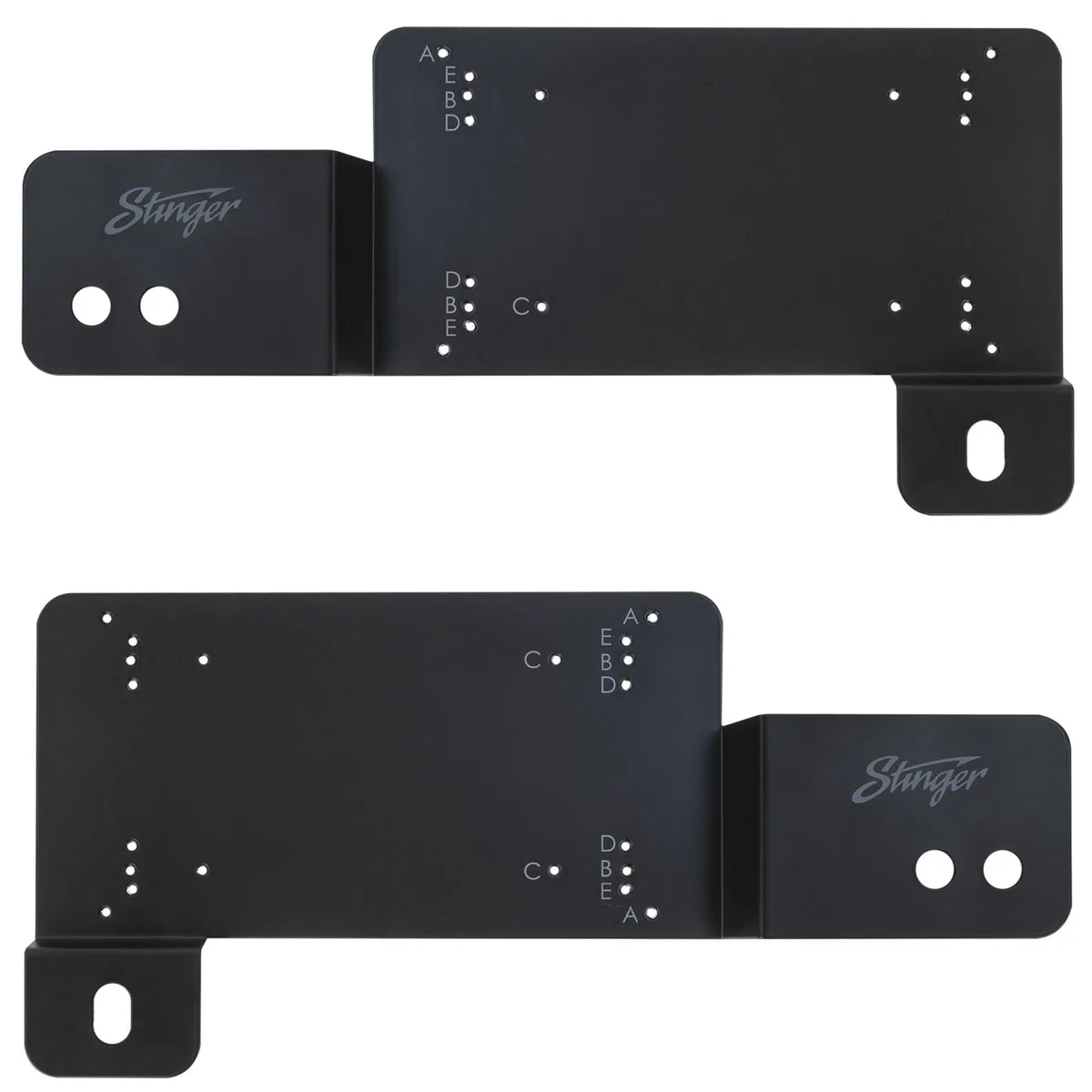 Two black powder-coated steel brackets with pre-drilled mounting holes and included hardware and pry kit