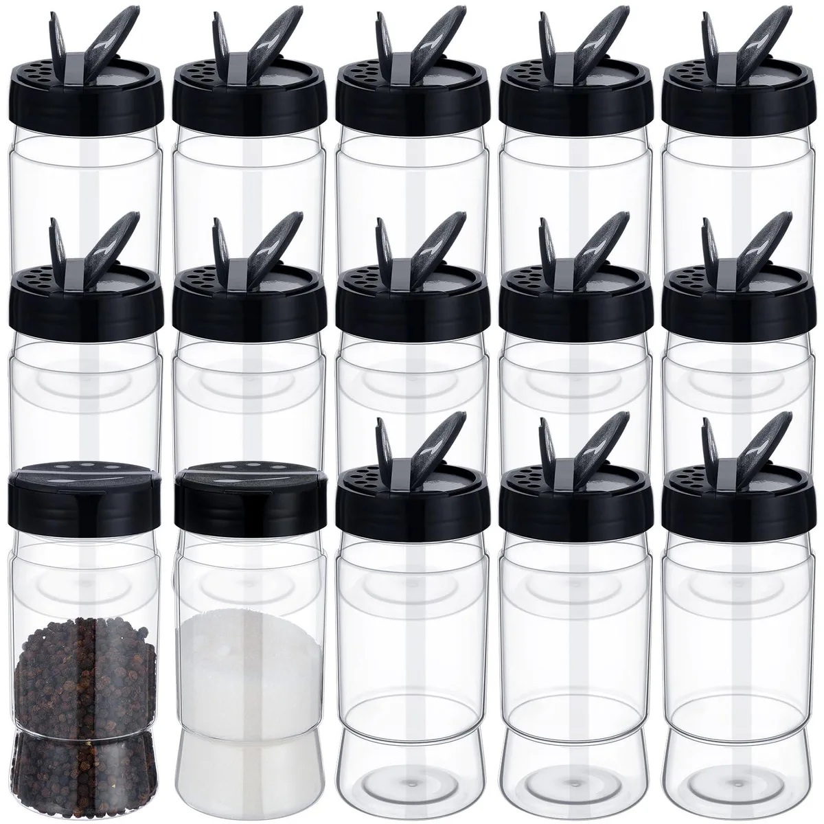Thirty clear plastic spice jars with black double-sided flip shaker lids