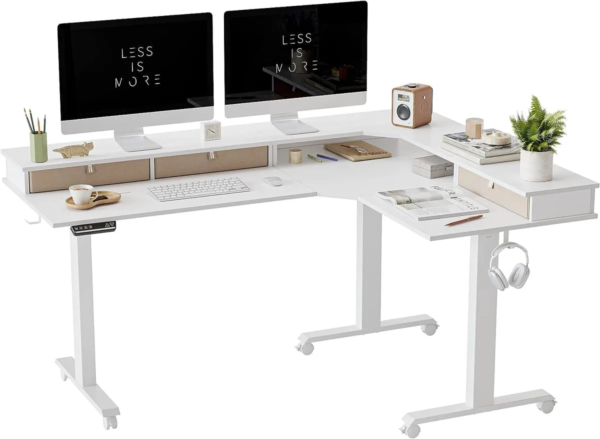BFKK BFKK Triple Motor 63" L-Shaped Standing Desk with 3 Drawers White — product photo