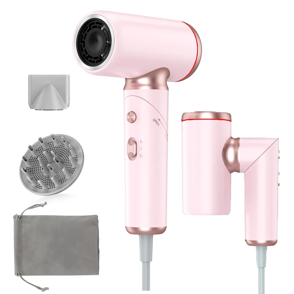 Pink foldable ionic hair dryer with magnetic nozzles