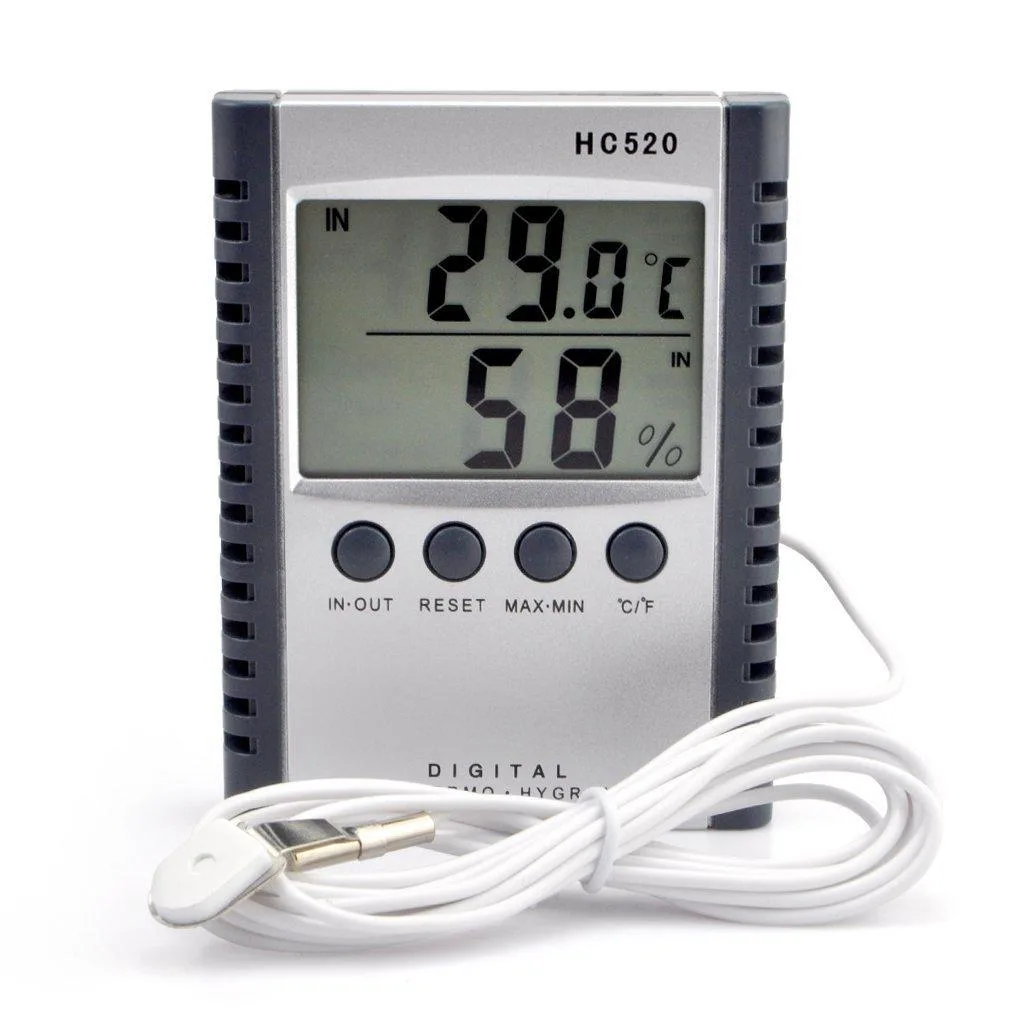 Silver square thermometer hygrometer with 6.6ft probe cable and LCD display