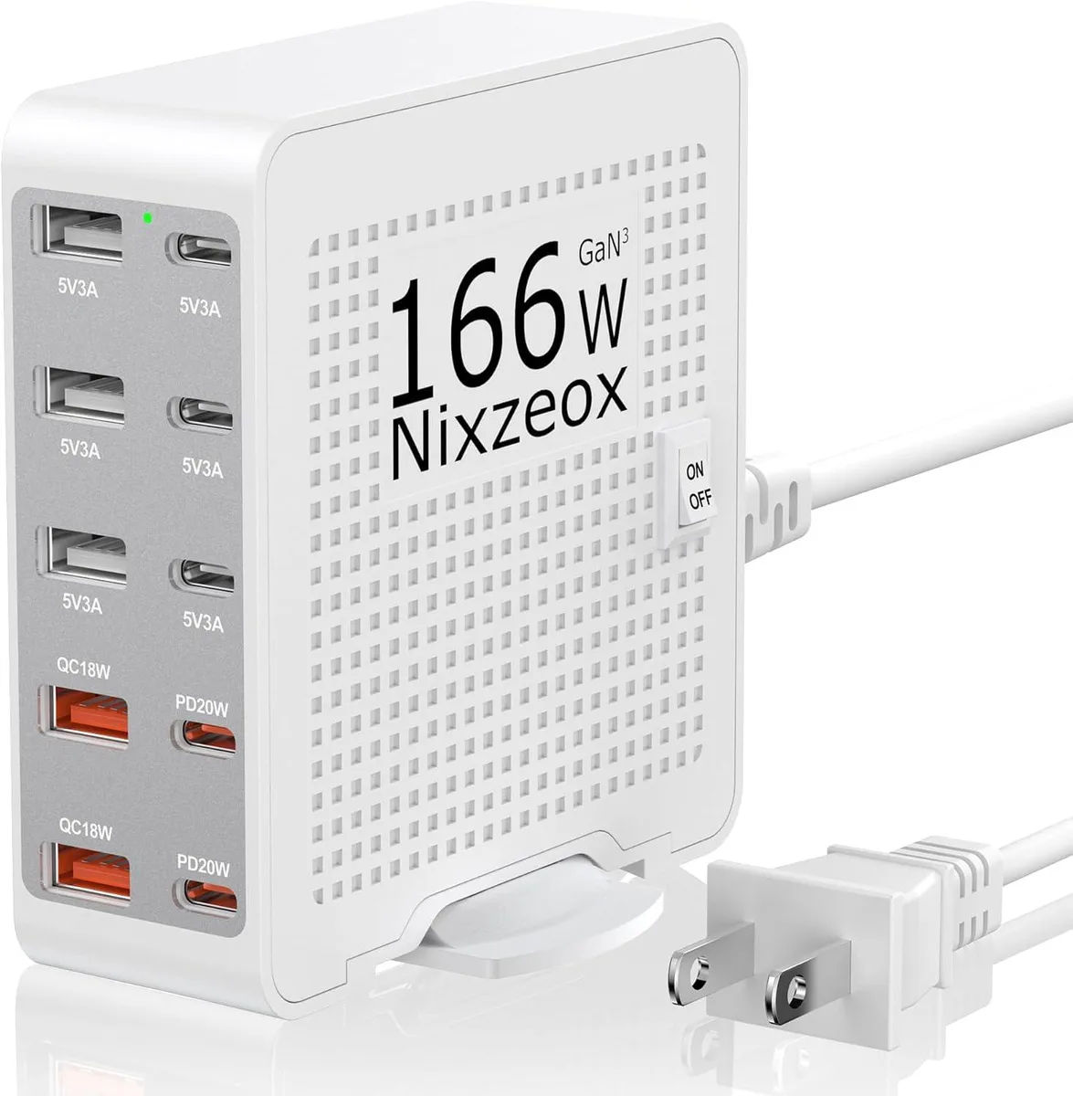 ONITOON ONITOON 166W GaN 10-Port USB-C Charging Station PD20W QC18W 5FT Cord White-Silver — product photo