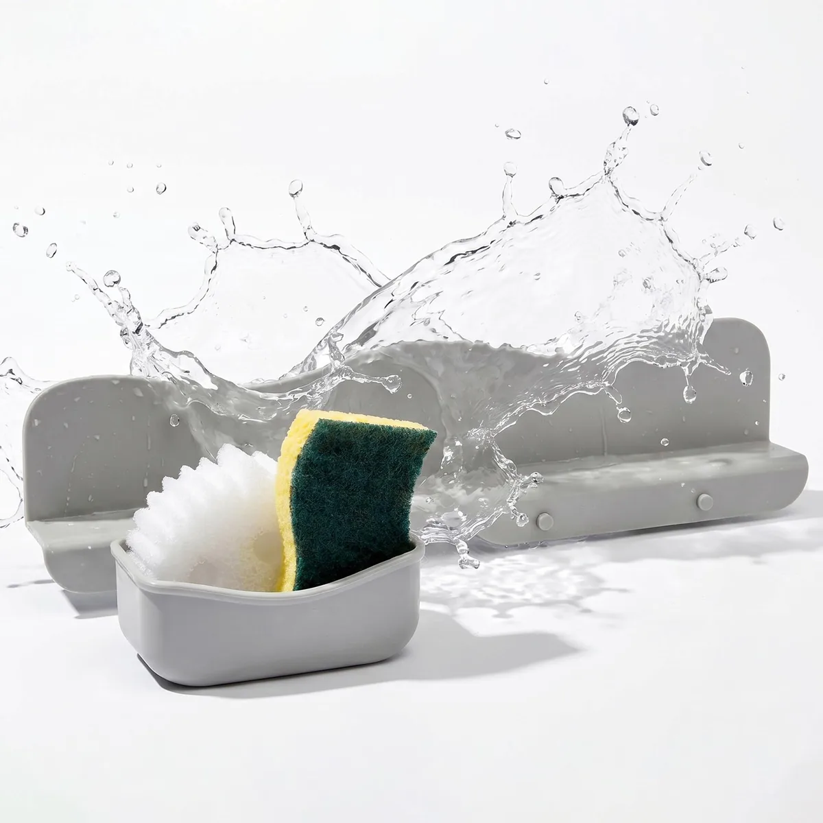 Grey silicone sink splash guard 19.5 inches long with five suction cups and movable sponge holder
