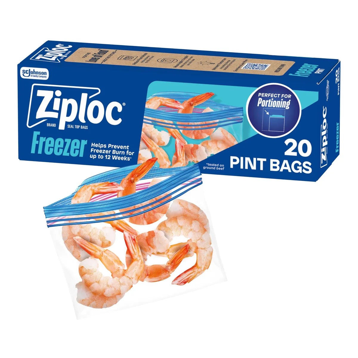 Box of 20 beige pint freezer bags with zipper seal