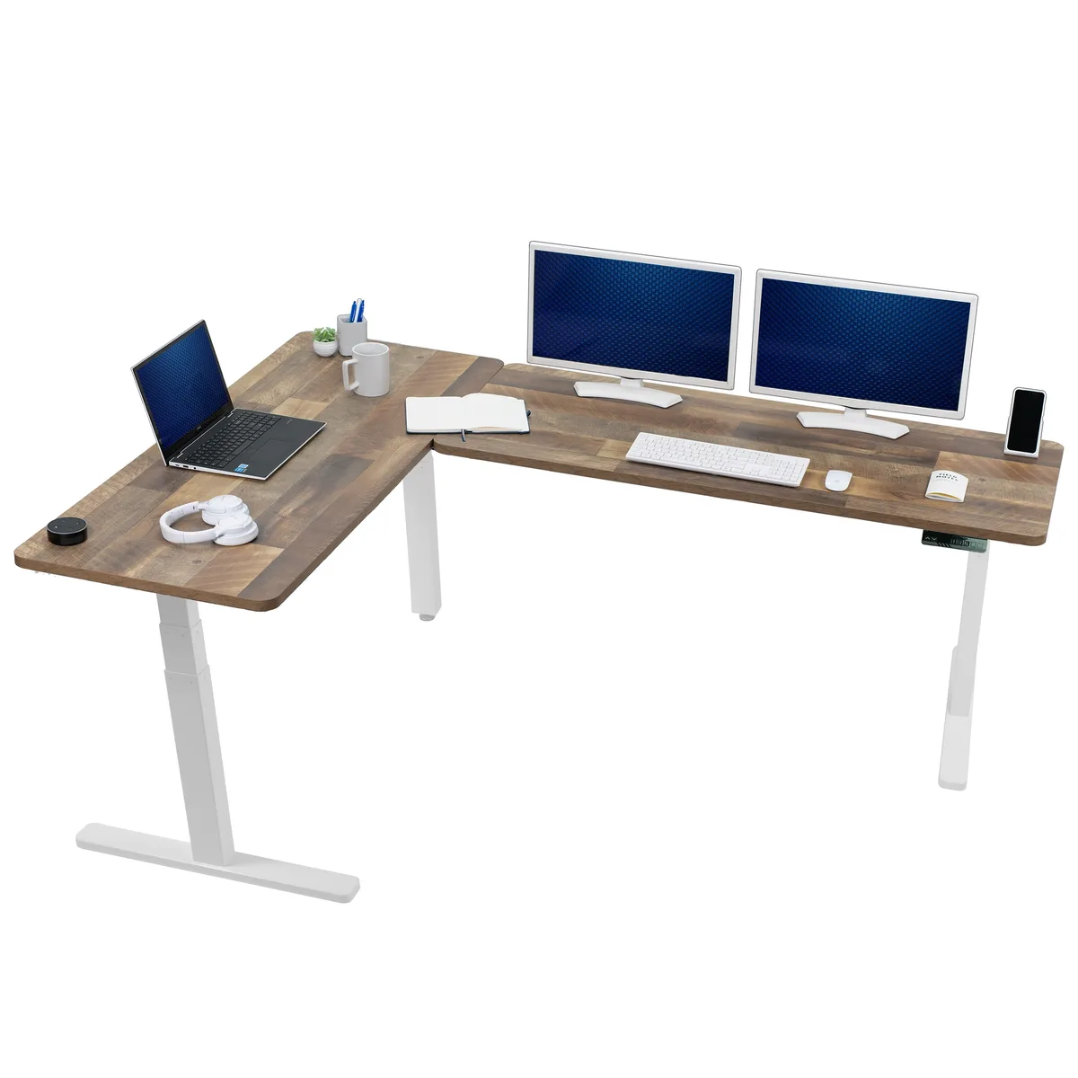 VIVO VIVO Electric 83" x 60" Corner Desk, Reclaimed Wood/White Frame, Office Furniture — product photo
