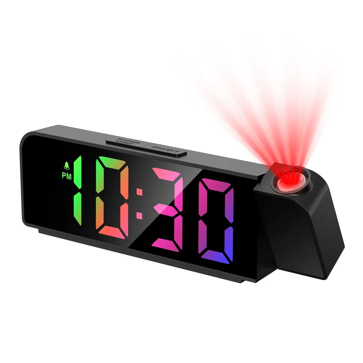 Compact rectangular projection clock with colourful finish and large LED display