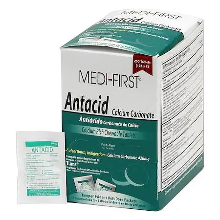 White cardboard box containing 250 mint-flavoured chewable antacid tablets
