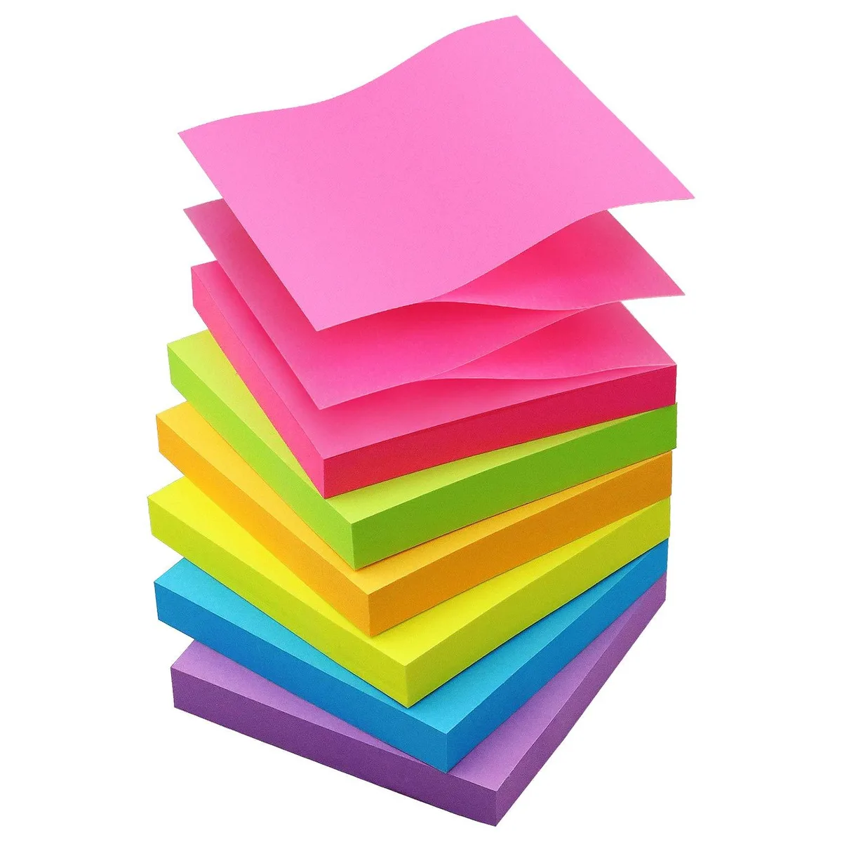 Six square pads of bright sticky notes in pink, yellow, green, blue, orange and rose