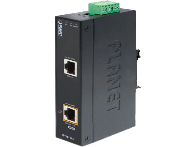 Industrial metal PoE injector with dual RJ-45 ports and terminal block power input