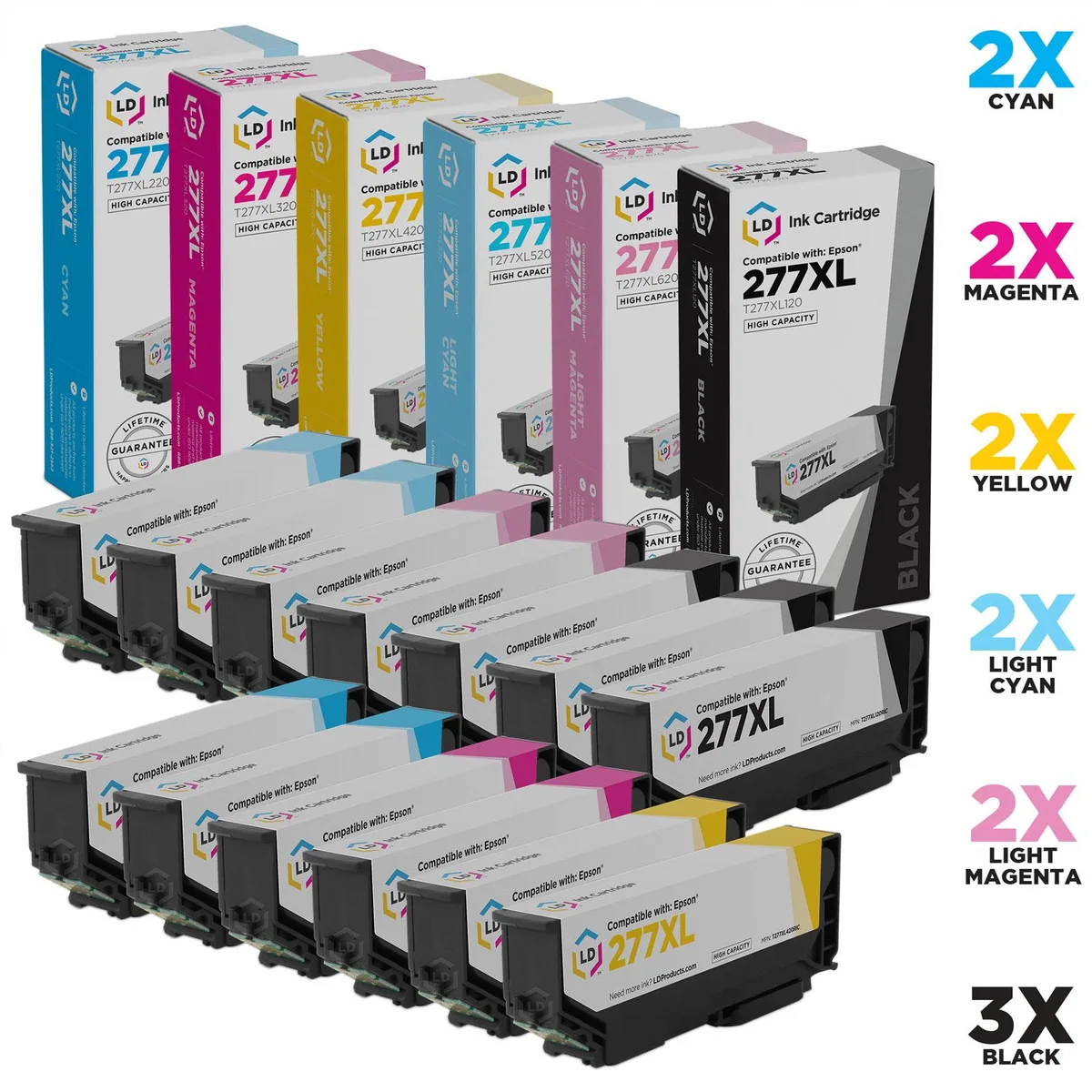 LD Products LD Products Epson 277XL 13PK Ink Cartridges: 3 Black, 2 Cyan, 2 Magenta, 2 Yellow, 2 LT Cyan, 2 LT Magenta — product photo