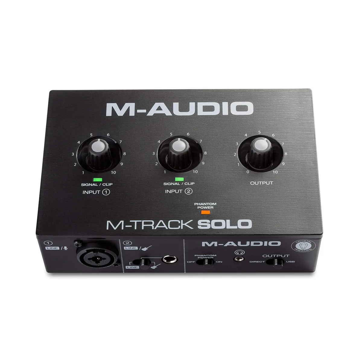 Compact black rectangular USB audio interface with XLR and quarter-inch inputs, headphone jack and RCA outputs