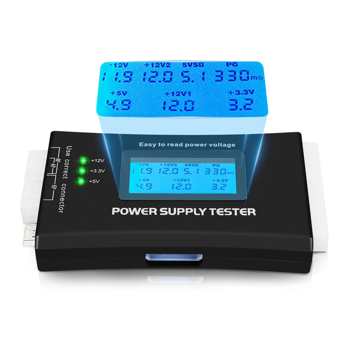 Small rectangular PSU tester with LCD screen and multiple connectors